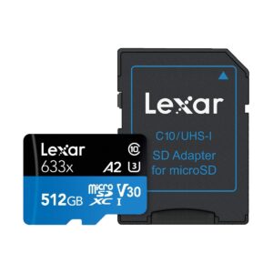 Lexar High-Performance 633x 512GB microSDXC/SDHC Class 10 A2 UHS-I (U3) V30 Memory Card With Adapter