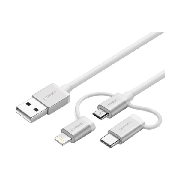 USB Male to Micro USB + Type-C + Lightning, 1 Meter, Silver Data Cable