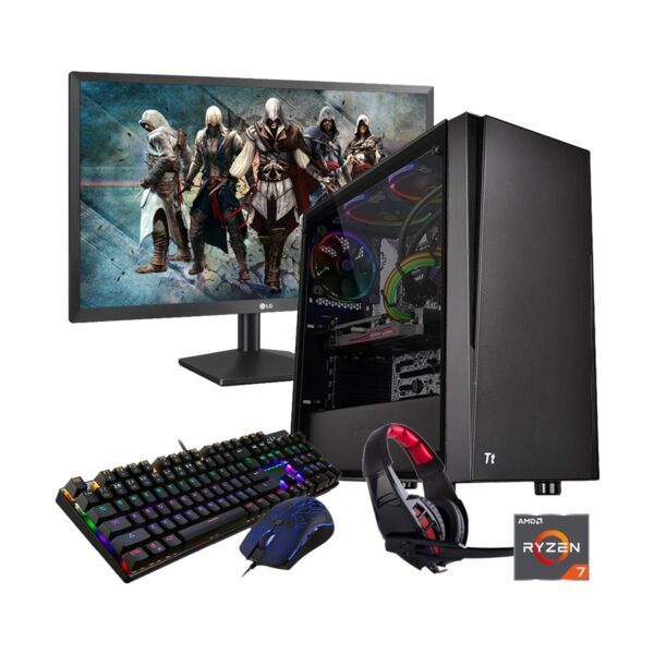 Gaming PC-R717 Ryzen 7 1700 3.7GHz, X370 Chipset, RX590 8GB Gr, 8GB DDR4 2933MHz, 2TB HDD + 256GB SSD, 21.5in Monitor, Gaming Headphone, Gaming KB and Mou