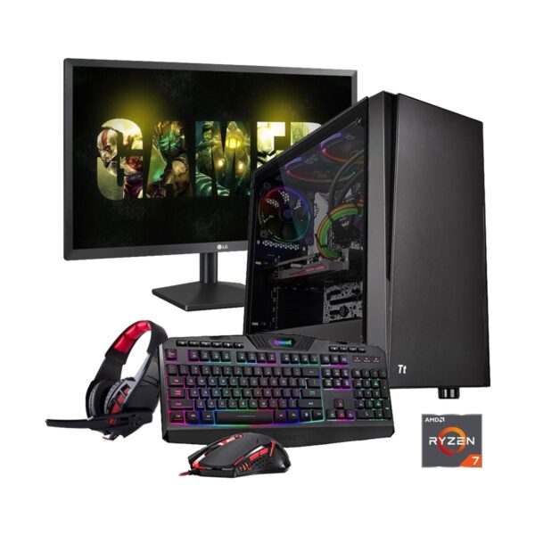 Gaming PC-R717X Ryzen 7 1700X 3.8GHz, X370 Chipset, RX590 8GB Gr, 16GB DDR4 3200MHz, 2TB HDD + 256GB SSD, 21.5in Monitor, Gaming Headphone, Gaming KB and Mou